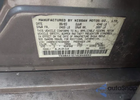 2004 Nissan Maxima 3.5 Sl из США, поврежденный, VIN 1N4BA41E74C846692